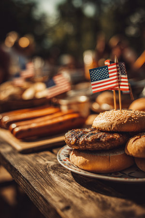 High-detail close-up of grilled hamburgers and hotdogs on a picnic table, adorned with small American flags. Captured in a bright outdoor summer atmosphere, perfect for festive gatherings.の素材