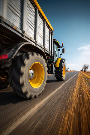 Side view of a modern black tractor pulling a metallic trailer filled with yellow corn. The image captures dynamic motion blur on the wheels against a rural backdrop and clear blue sky.の素材
