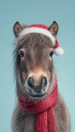 Charming portrait of a small pony wearing a Santa hat and red scarf against a light blue background. The minimalistic design and warm holiday feel make it perfect for children's Christmas themes.の素材