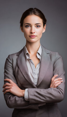 Professional businesswoman stands confidently with folded arms against a soft gradient gray background. The photorealistic image features professional lighting and vertical framing.の素材