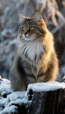 A majestic Siberian cat sits on a snow-covered tree stump, its thick fur illuminated by the frosty morning light, creating a serene winter scene.の素材
