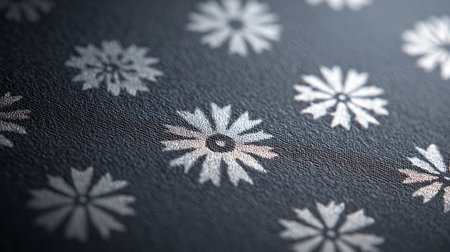 Close-up of a deep graphite linen texture featuring an embossed snowflake grid. Grazing light reveals intricate details, with refined margins and a calm central whitespace.の素材