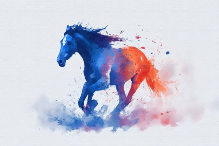 Vibrant watercolor painting depicting a wild horse in motion. Blue and red splashes blend to create a sense of dynamic movement and raw spirit, capturing the essence of freedom.の素材