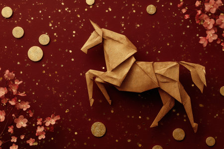Stylized golden origami horse on a deep red background, surrounded by coins, blossoms, and golden dust particles, creating a festive and symbolic atmosphere.の素材