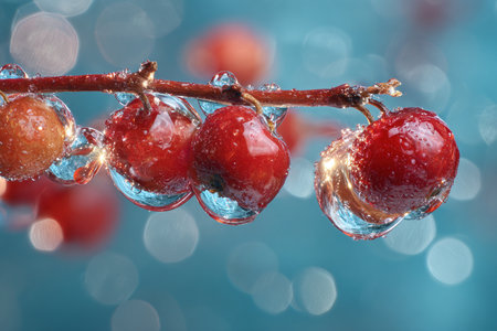 Photorealistic macro image of red berries encased in clear ice beads on a twig. Features razor-sharp detail, cool cyan sparkle, and creamy bokeh, creating an elegant winter texture.の素材