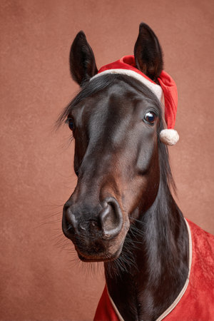 Dark bay horse with sparkling eyes, dressed in a red Santa cape and hat, isolated against a beige background. Studio lighting enhances the festive atmosphere.の素材
