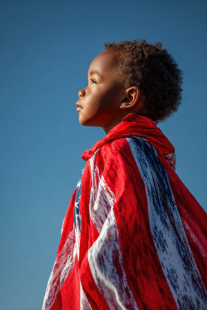 A toddler stands proudly with an oversized American flag draped like a cape, gazing upward with wonder against a clear blue sky, symbolizing innocence and patriotism.の素材