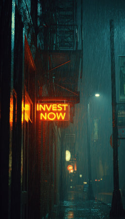 A flickering neon "Invest Now" sign illuminates a dark alley as rain pours down, creating a moody, cinematic noir atmosphere. Symbolizes high-risk or shady investments.の素材