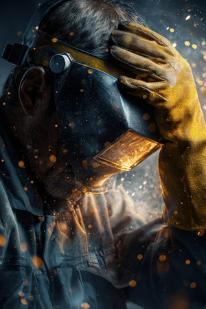 A welder lifts his visor mid-process, surrounded by flying sparks in a workshop. The dramatic lighting emphasizes the potential for eye injury and negligence in industrial settings.の素材
