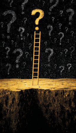 A golden ladder extends upward into a black void filled with question marks, symbolizing uncertain growth and exploration. The surreal concept art style evokes mystery and curiosity.の素材