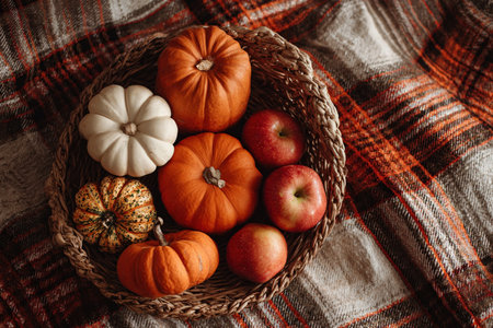 A warm autumn-themed Thanksgiving card featuring a basket of pumpkins, gourds, and apples set against a cozy plaid blanket backdrop, perfect for seasonal greetings.の素材