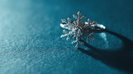 A photorealistic image of an embossed snowflake ring on a matte deep teal surface. Grazing light reveals intricate textures, highlighting the ring's design against an expansive clean center.の素材