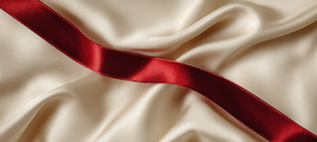 Ultra-wide banner featuring a diagonal red satin ribbon crossing a matte cream background. The refined sheen and broad right-side field are ideal for call-to-action elements.の素材