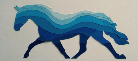 Artistic silhouette of a horse crafted in a layered paper-cut style, featuring various blue tones. The minimal composition is set against a light background, highlighting the design.の素材