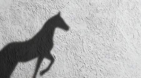 A horse's shadow is cast on a white textured wall, creating a stark contrast. The partial shape evokes symbolism and artistic interpretation, highlighting texture and form.の素材