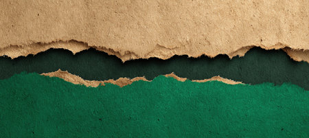 Ultra-wide banner showcasing a torn kraft paper revealing a deep emerald layer beneath. Visible fibers and soft shadow depth enhance the bold central field.の素材