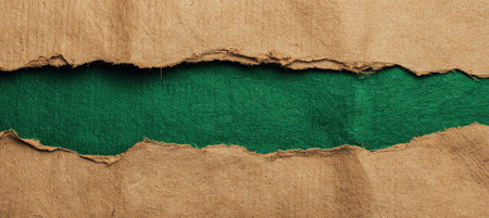 Ultra-wide banner featuring a torn kraft paper design, exposing a deep emerald background. Visible fibers add texture, creating a bold central lane ideal for promotional content.の素材
