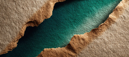 Ultra-wide banner featuring natural kraft paper with a diagonal tear exposing a matte emerald layer beneath. Visible paper fibers add texture, offering a large copy space.の素材