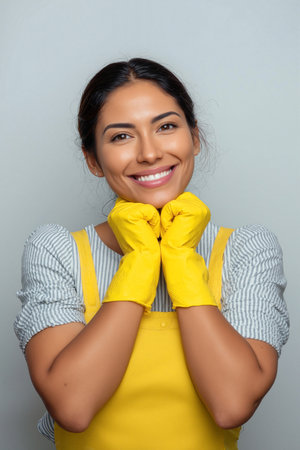 A cheerful woman wearing a yellow apron and gloves poses with a smile, ready for cleaning tasks. The image conveys positivity and readiness for household chores.の素材