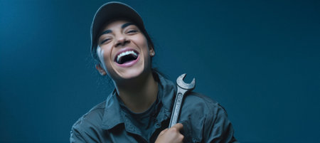 A cheerful female mechanic in a cap and uniform holds a wrench, smiling widely against a blue background. The image captures a moment of joy and confidence in her profession.の素材