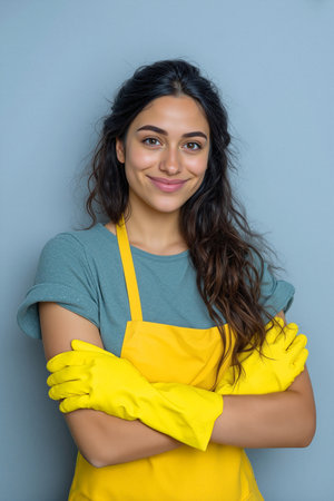 Portrait of a smiling woman wearing a yellow apron and gloves, standing confidently against a blue background. Ideal for themes of cleaning, domestic work, and positivity.の素材