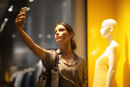 A woman captures a mirror selfie in a brightly lit clothing store, with a mannequin seemingly mimicking her pose. The retail environment adds a playful touch to the scene.の素材