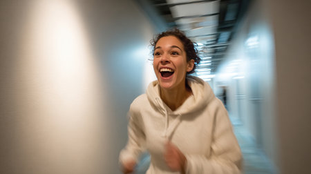 A woman is captured mid-run through a hallway, laughing and looking back with a mix of fear and amusement. The dynamic indoor lighting and motion blur enhance the sense of movement.の素材