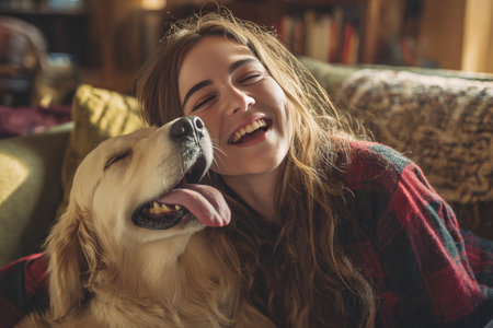 A young woman enjoys a candid, joyful moment as her golden retriever licks her face. Captured indoors with natural daylight, this image highlights the warmth of pet-human bonds.の素材