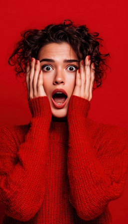 A woman displays an exaggerated surprised expression with wide eyes and open mouth, hands framing her face. The image features a solid red backdrop and clean fashion lighting.の素材