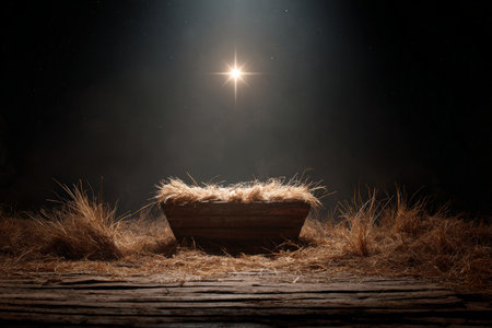 A cinematic nativity-inspired scene featuring a wooden manger filled with straw under a radiant star. The tranquil darkness enhances the serene and sacred atmosphere.の素材