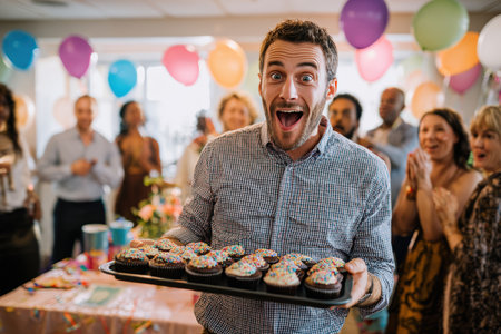 A man accidentally drops a tray of cupcakes at a lively party, causing guests to react with shock and laughter. The scene is set with colorful decorations and natural indoor lighting.の素材