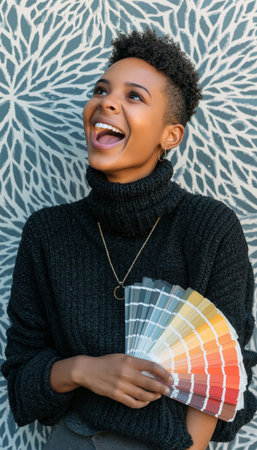 A Black female barista winks while offering a to-go coffee cup with both hands. She stands against a solid warm gray background, exuding charm and modern style.の素材