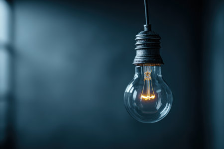 Macro photograph of a glowing light bulb hanging from a wire against a dark, minimalist backdrop. The image features cinematic contrast, highlighting the bulb's intricate details.の素材