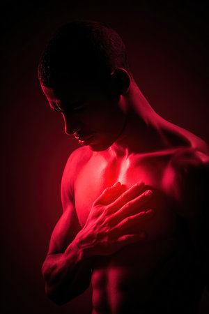 A man holds his chest near the heart area, highlighted by red lighting. This cinematic photo realism image emphasizes health awareness and emotional expression.の素材