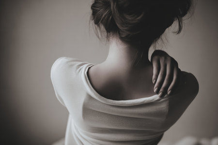 A cinematic monochrome image depicting a woman in white clothing experiencing neck and lower back pain. The realistic anatomy and soft tones emphasize the discomfort.の素材