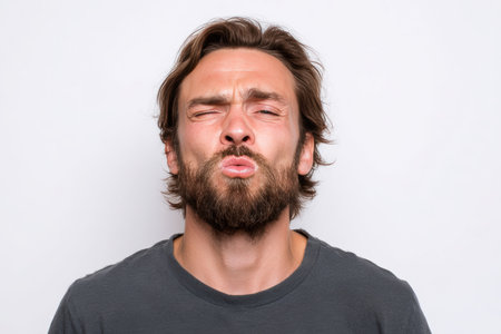 A man humorously contorts his face with curled lips and flared nostrils, captured against a clean white backdrop. The image highlights a quirky and awkward expression.の素材
