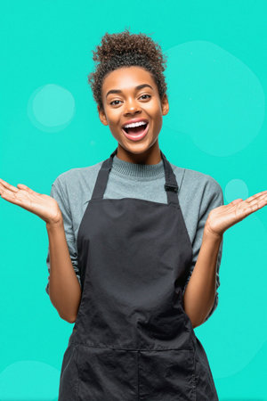 A cheerful grocery bagger in a black apron smiles widely with hands in motion, set against a light teal background. The image captures a dynamic and casual moment.の素材