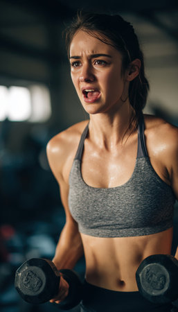 A woman in a gym is caught off guard by a loud timer, holding weights with a startled expression. The setting is a clean, modern fitness studio, emphasizing focus and determination.の素材