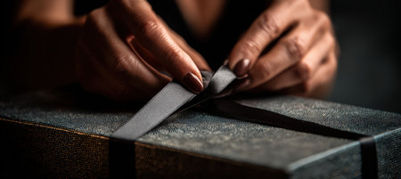 Close-up of hands elegantly tying a satin ribbon on a luxury gift box. The dark textured background and dramatic studio lighting enhance the high-end holiday packaging theme.の素材