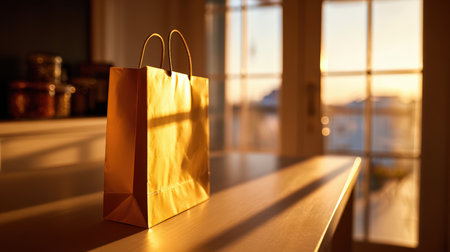 A cinematic close-up of a gift bag illuminated by golden sunset lighting in a cozy home interior, showcasing minimalist product design and warm ambiance.の素材