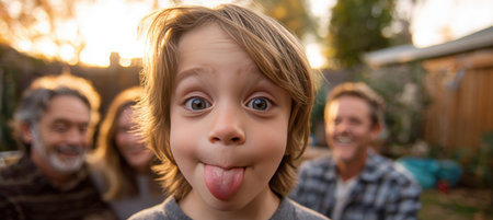 A child playfully photobombs a family portrait with a goofy face, crossing eyes and sticking out tongue. Captured in a suburban backyard during the golden hour, adding a warm glow.の素材