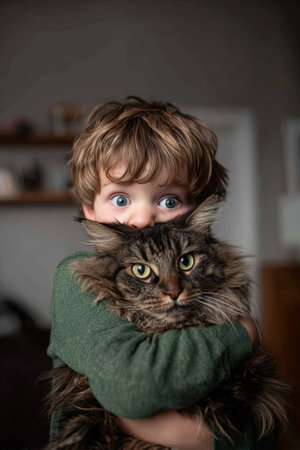 A young boy tightly hugs a fluffy cat, whose eyes are wide open in comedic panic. Captured in a bright living room, the scene is spontaneous and humorous with soft shadows.の素材