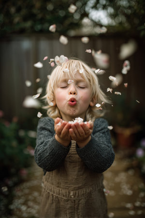 A cute toddler sneezes unexpectedly, sending flower petals flying in a backyard garden. This funny and unpredictable moment captures the innocence and spontaneity of childhood.の素材
