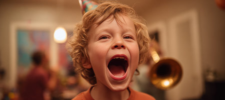 A child reacts with laughter and surprise as a birthday horn is blown behind them. The lively party scene captures the joy and excitement of the celebration.の素材