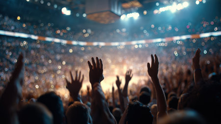A crowd of basketball fans enthusiastically reacts to a buzzer-beater shot. Arms are raised in excitement under dramatic lighting, with a blurred arena background enhancing the dynamic tension.の素材