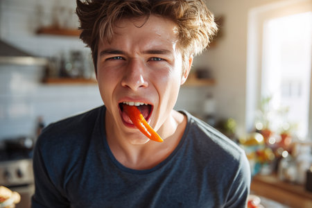 A young man experiences the intense heat of a spicy pepper, with wide eyes and tongue out, in a sunlit kitchen. Sweat on his forehead highlights the pepper's fiery impact.の素材