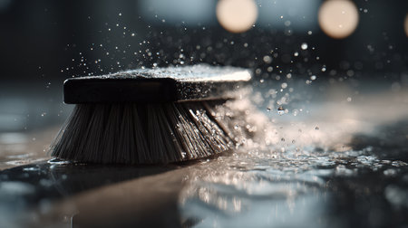 Macro image of a floor cleaner brush scrubbing with water droplets in focus, showcasing a cinematic depth of field and a shiny surface. Ideal for cleaning and hygiene concepts.の素材