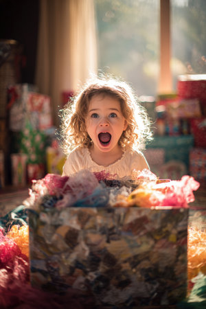 A child experiences overwhelming joy while opening a giant gift box in a festive holiday setting. The scene is illuminated by soft daylight, highlighting colorful gift wrap and spontaneous excitement.の素材