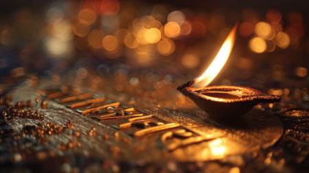 A cinematic low-angle shot captures a glowing Diya flame beside metallic gold Diwali text. The moody lighting and vibrant bokeh background enhance the festive atmosphere.の素材