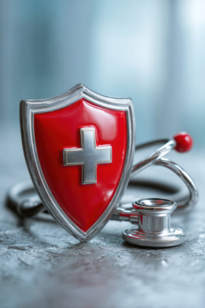 High-detail image of a medical protection shield and stethoscope on a table, symbolizing safety and trust in healthcare. The clean composition enhances the theme of medical security.の素材